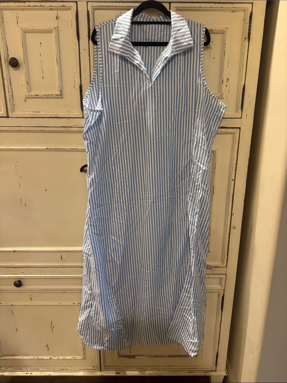 Sleeveless Blue and White Stripe Shirt Dress - Classic Summer Style